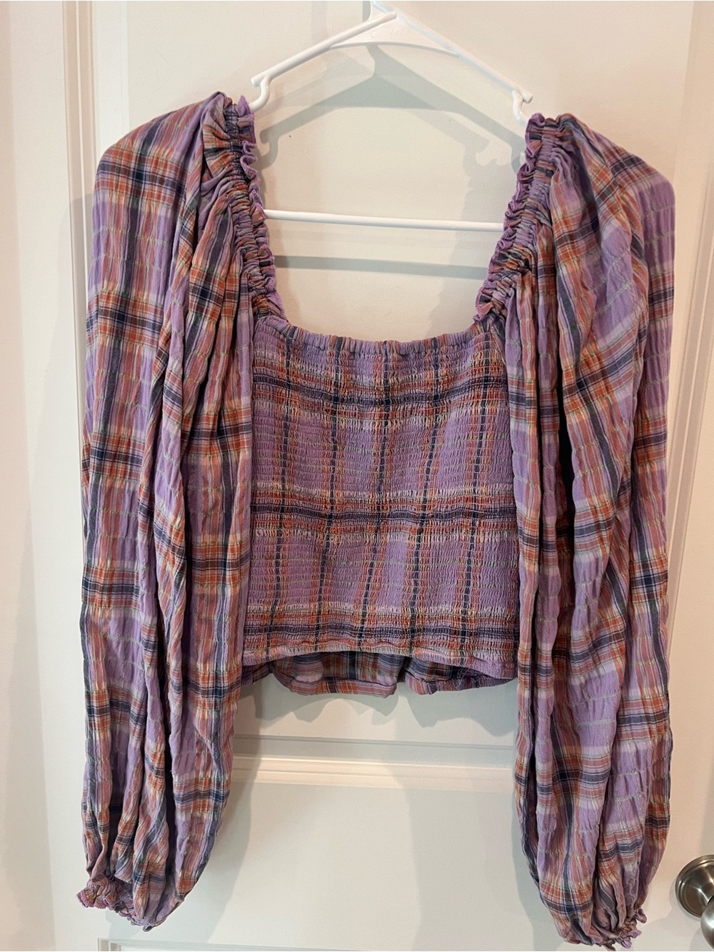 Free People Lavender Plaid Smocked Puff-Sleeve Crop Top - Picture 8 of 16